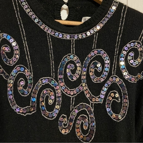 Vintage Angora Wool Silk Blend Bedazzled Embroidered Sequins Cozy Sweater Large - Picture 4 of 14